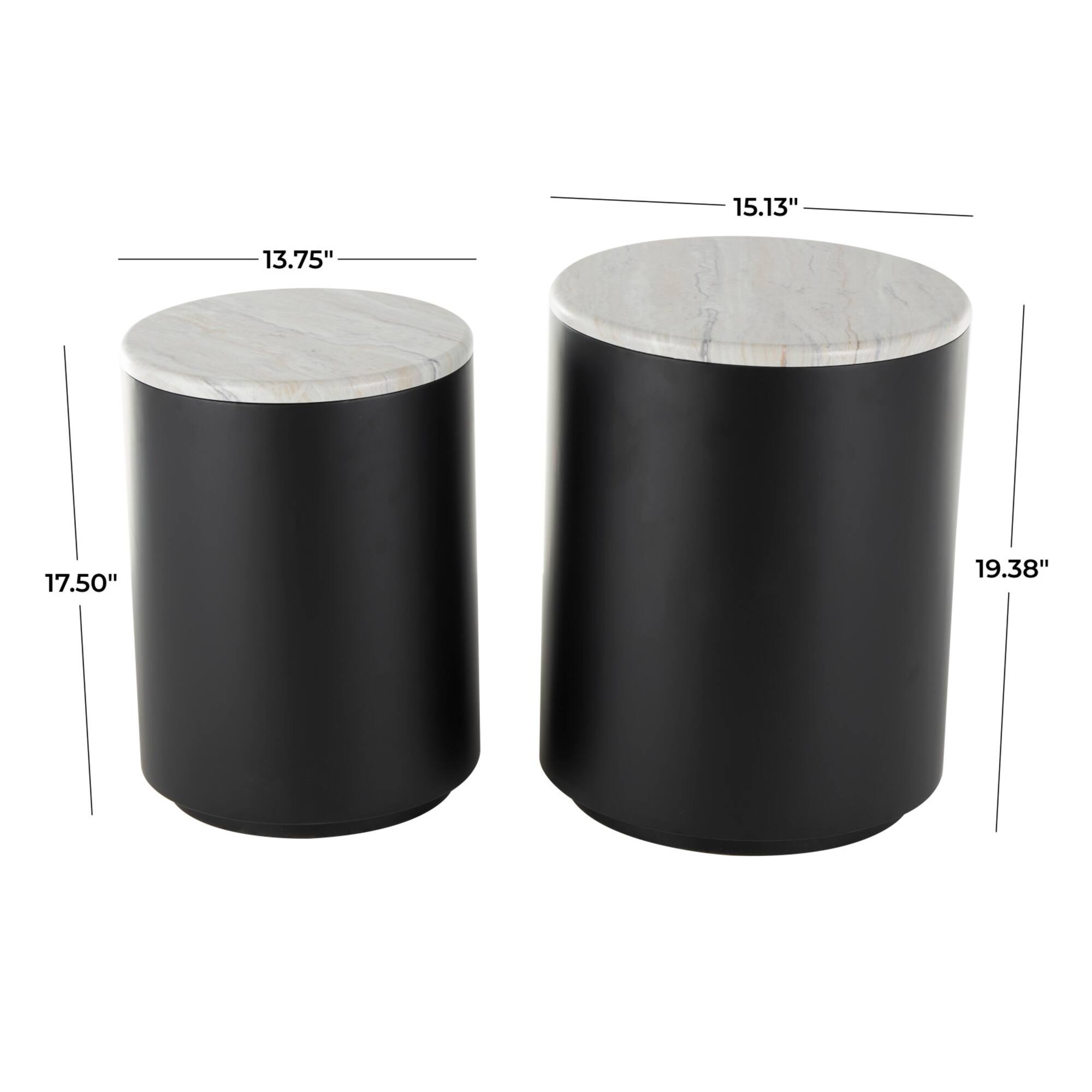 Black Metal Nesting Accent Table with Faux White Marble Top Set